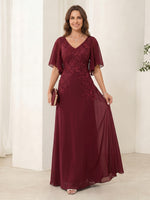 Chiffon A Line V Neck Short Sleeves Long Mother of the Bride Dresses with Lace