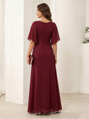 Chiffon A Line V Neck Short Sleeves Long Mother of the Bride Dresses with Lace