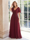 Chiffon A Line V Neck Short Sleeves Long Mother of the Bride Dresses with Lace