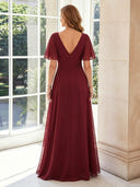 Chiffon A Line V Neck Short Sleeves Long Mother of the Bride Dresses with Lace