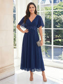 Chiffon A Line V Neck Short Sleeves Long Mother of the Bride Dresses