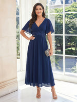 Chiffon A Line V Neck Short Sleeves Long Mother of the Bride Dresses