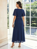 Chiffon A Line V Neck Short Sleeves Long Mother of the Bride Dresses