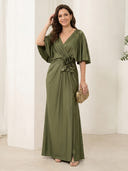 Satin Sheath V Neck Short Sleeves Long Mother of the Bride Dresses with Flower
