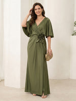 Satin Sheath V Neck Short Sleeves Long Mother of the Bride Dresses with Flower