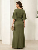 Satin Sheath V Neck Short Sleeves Long Mother of the Bride Dresses with Flower