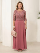 Chiffon A Line Crew Neck Short Sleeves Long Mother of the Bride Dresses