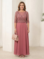 Chiffon A Line Crew Neck Short Sleeves Long Mother of the Bride Dresses