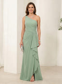Chiffon Sheath One Shoulder Long Mother of the Bride Dresses with Ruffles