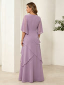 Chiffon Sheath Crew Neck Short Sleeves Long Mother of the Bride Dresses