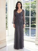 Tulle Mermaid V Neck Long Sleeves Long Mother of the Bride Dresses with Lace