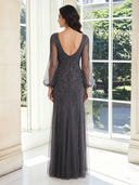 Tulle Mermaid V Neck Long Sleeves Long Mother of the Bride Dresses with Lace