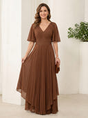 Chiffon A Line V Neck Short Sleeves Long Mother of the Bride Dresses with Lace