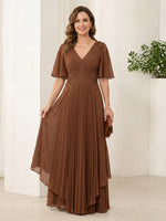 Chiffon A Line V Neck Short Sleeves Long Mother of the Bride Dresses with Lace