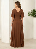 Chiffon A Line V Neck Short Sleeves Long Mother of the Bride Dresses with Lace