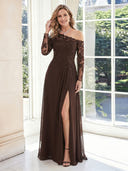 Chiffon A Line Long Sleeves Long Mother of the Bride Dresses with Slit