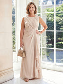 Satin Sheath Crew Neck Long Mother of the Bride Dresses with Ruffles