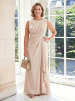Satin Sheath Crew Neck Long Mother of the Bride Dresses with Ruffles