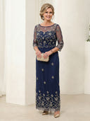 Tulle Sheath Boat Neck 3/4 Sleeves Long Mother of the Bride Dresses