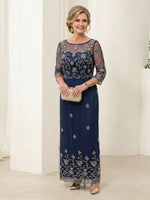 Tulle Sheath Boat Neck 3/4 Sleeves Long Mother of the Bride Dresses