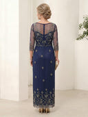 Tulle Sheath Boat Neck 3/4 Sleeves Long Mother of the Bride Dresses
