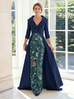 Sheath Satin V Neck 3/4 Sleeves Long Mother of the Bride Dresses