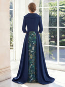 Sheath Satin V Neck 3/4 Sleeves Long Mother of the Bride Dresses