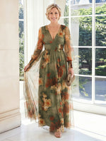 A Line V Neck Chiffon Long Sleeves Long Mother of the Bride Dresses