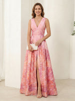A Line V Neck Satin Sleeveless Long Mother of the Bride Dresses