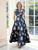 Satin A Line V Neck Short Sleeves Long Mother of the Bride Dresses