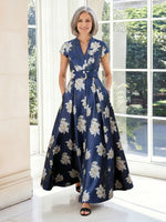 Satin A Line V Neck Short Sleeves Long Mother of the Bride Dresses