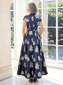 Satin A Line V Neck Short Sleeves Long Mother of the Bride Dresses