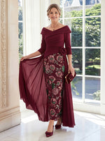 Chiffon Sheath V Neck 3/4 Sleeves Long Mother of the Bride Dresses
