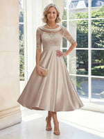 A Line Satin Boat Neck Half Sleeves Long Mother of the Bride Dresses