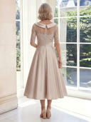 A Line Satin Boat Neck Half Sleeves Long Mother of the Bride Dresses