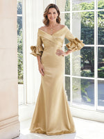 Off the Shoulder Sheath Satin 3/4 Sleeves Long Mother of the Bride Dresses