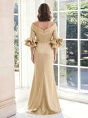 Off the Shoulder Sheath Satin 3/4 Sleeves Long Mother of the Bride Dresses