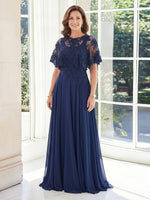 A Line Scoop Neck Chiffon Short Sleeves Long Mother of the Bride Dresses