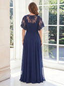A Line Scoop Neck Chiffon Short Sleeves Long Mother of the Bride Dresses