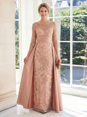 Satin Sheath Boat Neck 3/4 Sleeves Long Mother of the Bride Dresses