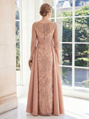 Satin Sheath Boat Neck 3/4 Sleeves Long Mother of the Bride Dresses