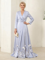 V Neck Satin A Line Long Sleeves Long Mother of the Bride Dresses
