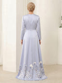 V Neck Satin A Line Long Sleeves Long Mother of the Bride Dresses