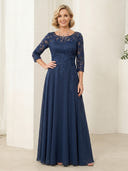 Chiffon Scoop Neck A Line 3/4 Sleeves Long Mother of the Bride Dresses