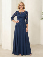 Chiffon Scoop Neck A Line 3/4 Sleeves Long Mother of the Bride Dresses