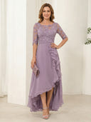 Scoop Neck A Line Chiffon Half Sleeves Long Mother of the Bride Dresses