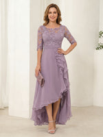 Scoop Neck A Line Chiffon Half Sleeves Long Mother of the Bride Dresses