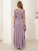 Scoop Neck A Line Chiffon Half Sleeves Long Mother of the Bride Dresses