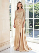 Sheath Boat Neck Satin 3/4 Sleeves Long Mother of the Bride Dresses