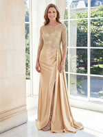 Sheath Boat Neck Satin 3/4 Sleeves Long Mother of the Bride Dresses